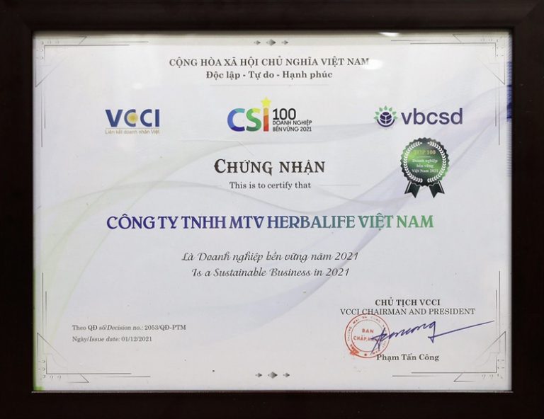 Herbalife Việt Nam tiếp tục được vinh danh tốp 100 Doanh nghiệp Bền vững Việt Nam 2021