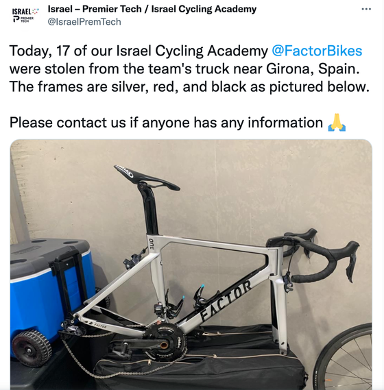 Đội Israel Cycling Academy bị trộm 17 chiếc xe