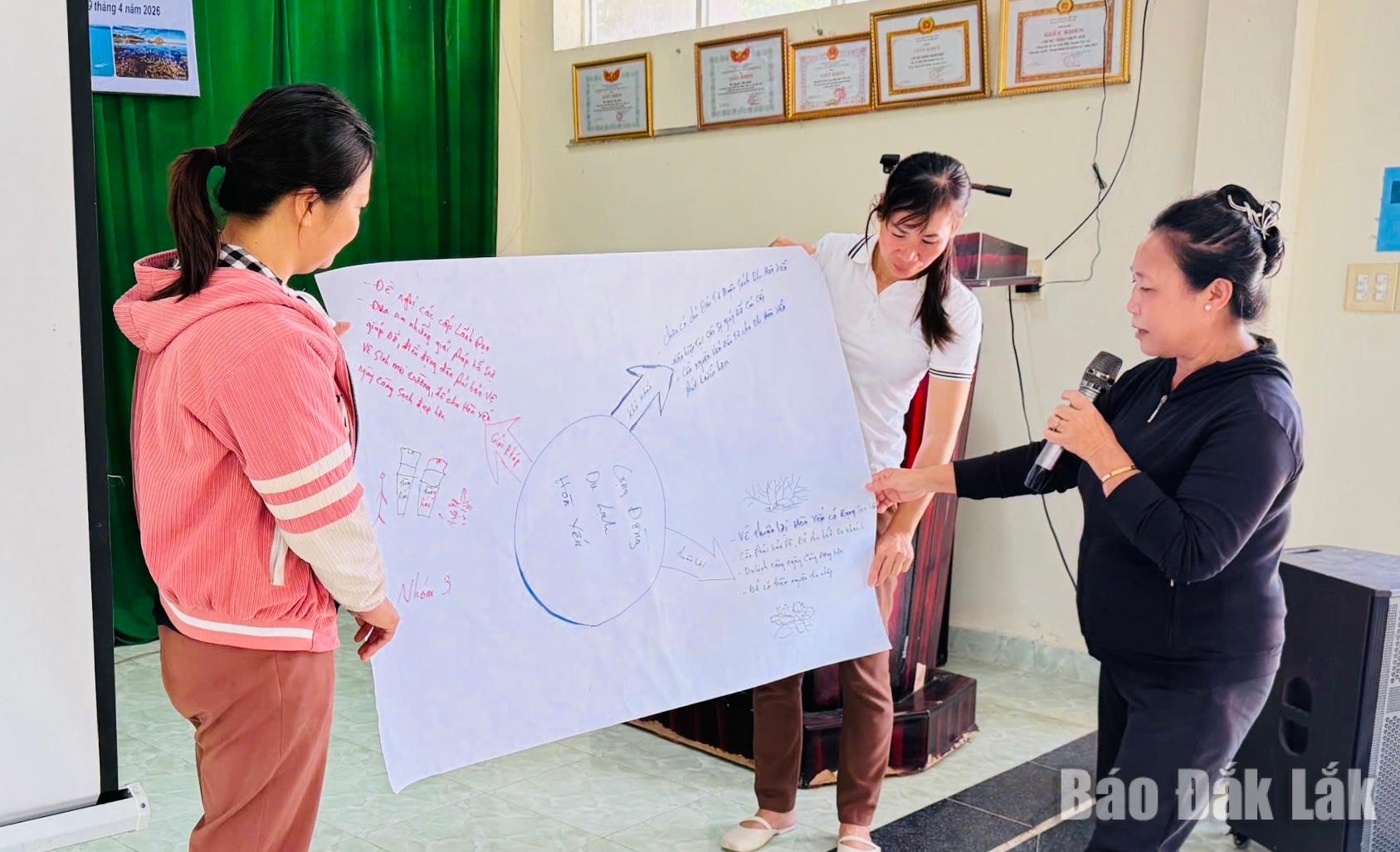 Các học viên được thực hành kỹ năng thuyết minh để hướng dẫn cho du khách đến tham quan.