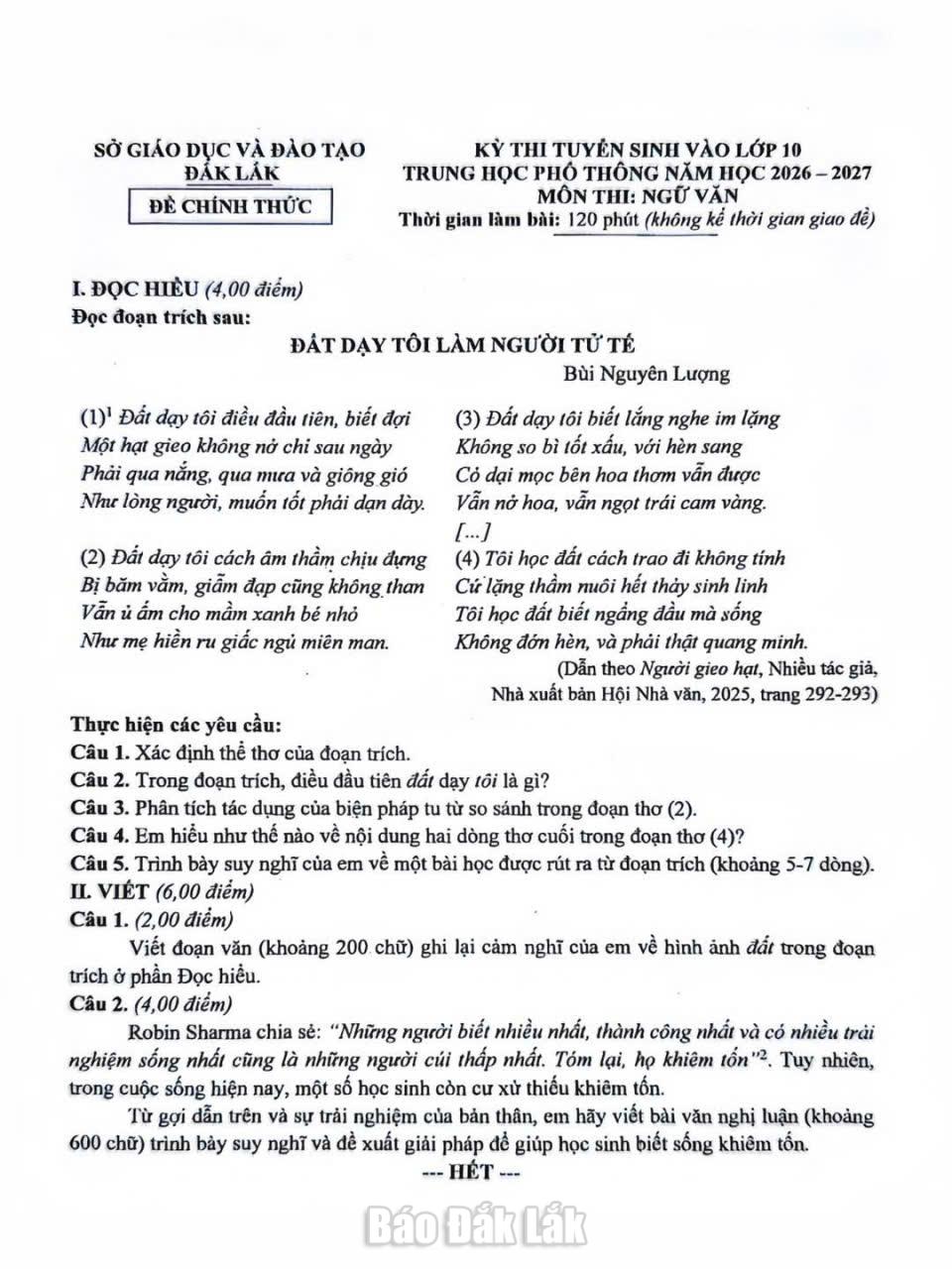 Đề thi môn Ngữ văn sáng 1/6.