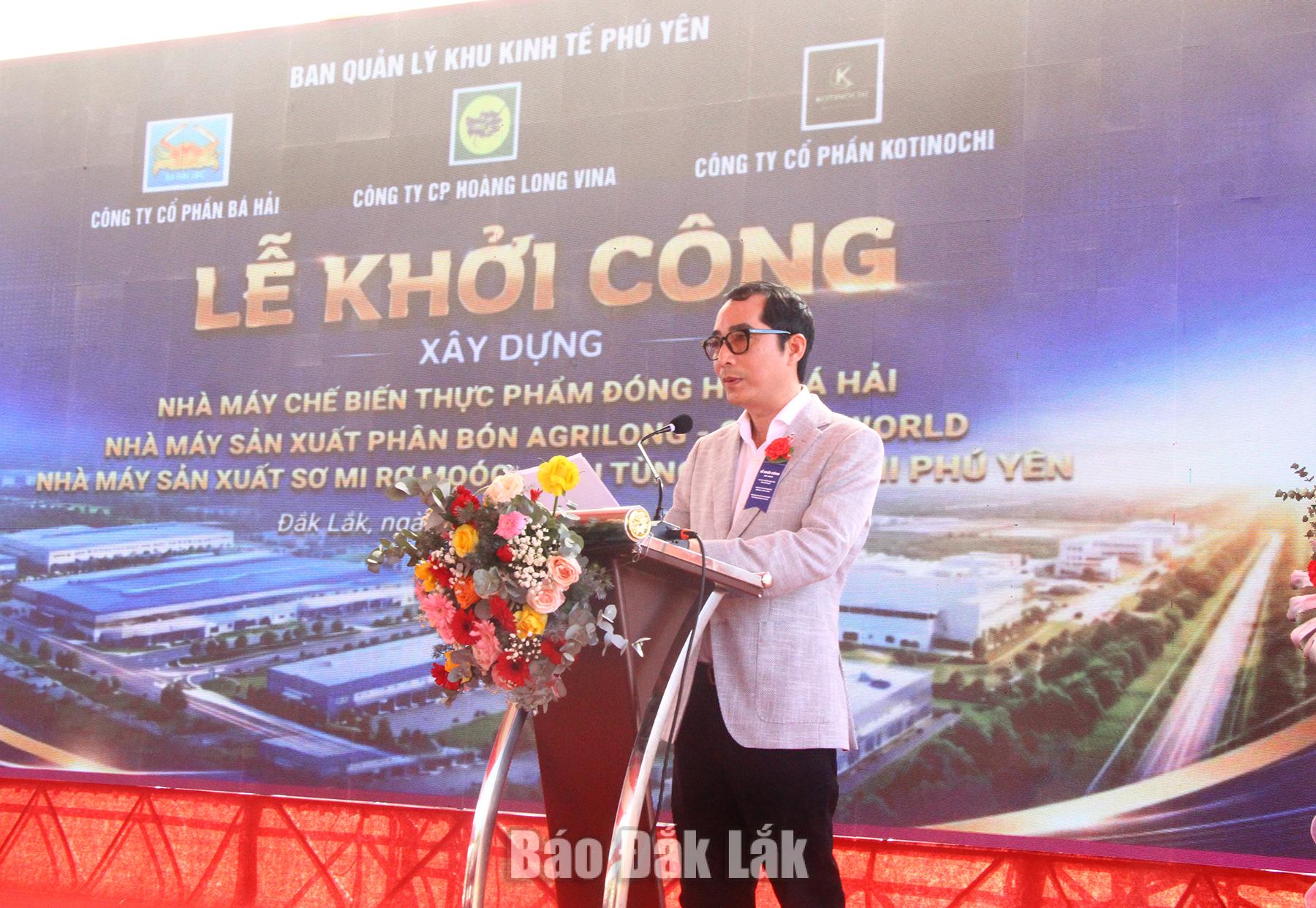 Ông Nguyễn Hồng Phong, Giám đốc Công ty TNHH Sản xuất và Thương mại Hoàng Long Vina phát biểu tại lễ khởi công.