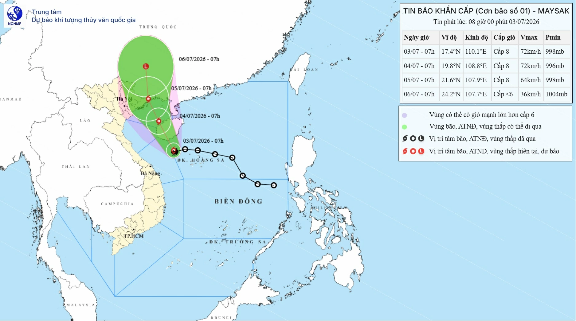 Bão số 1 - MAYSAK đang hướng vào Vịnh Bắc Bộ 1 Bản đồ dự báo quỹ đạo của bão số 1 lúc 8 giờ ngày 03/7/2026.