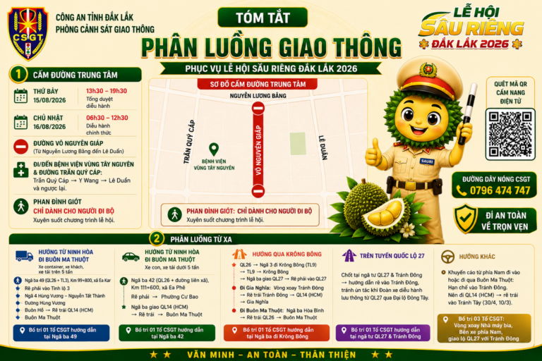 Cấm đường, phân luồng giao thông phục vụ Lễ hội Sầu riêng Đắk Lắk 2026