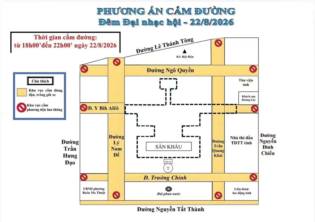 Cấm đường phục vụ Đêm đại nhạc hội “Đắk Lắk vươn tầm, khởi sắc” 1 Sơ đồ phương án cấm đường Đêm Đại nhạc hội.