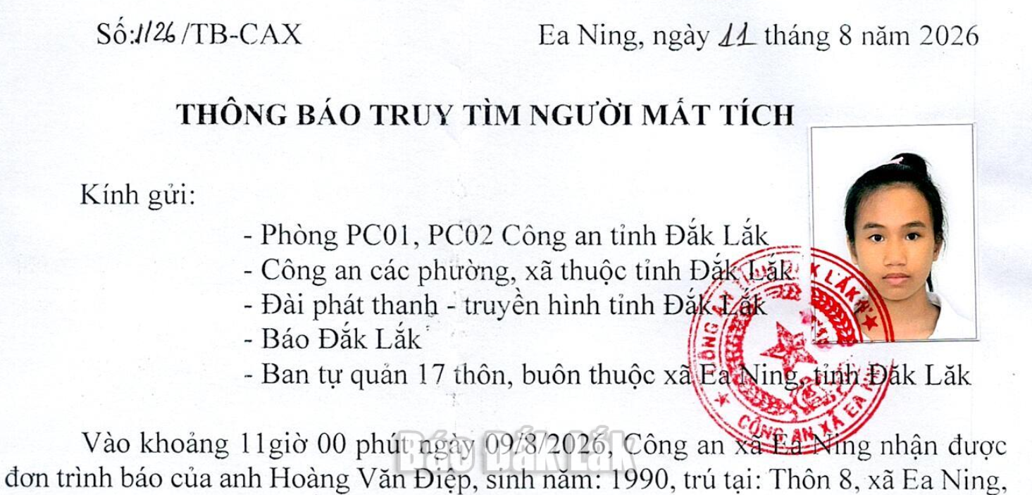 Công an xã Ea Ning truy tìm thiếu nữ 14 tuổi mất tích 1 Thông báo truy tìm người mất tích.