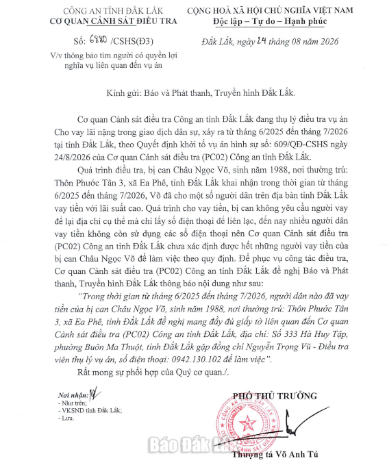 Thông báo tìm người của Cơ quan An ninh điều tra.