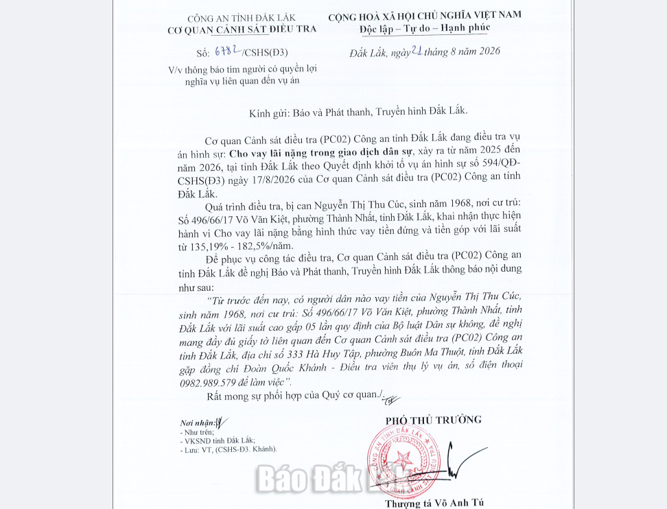Tìm người liên quan vụ án cho vay lãi nặng 1 Thông báo tìm người có nghĩa vụ, uyền lợi liên quan đến vụ án.