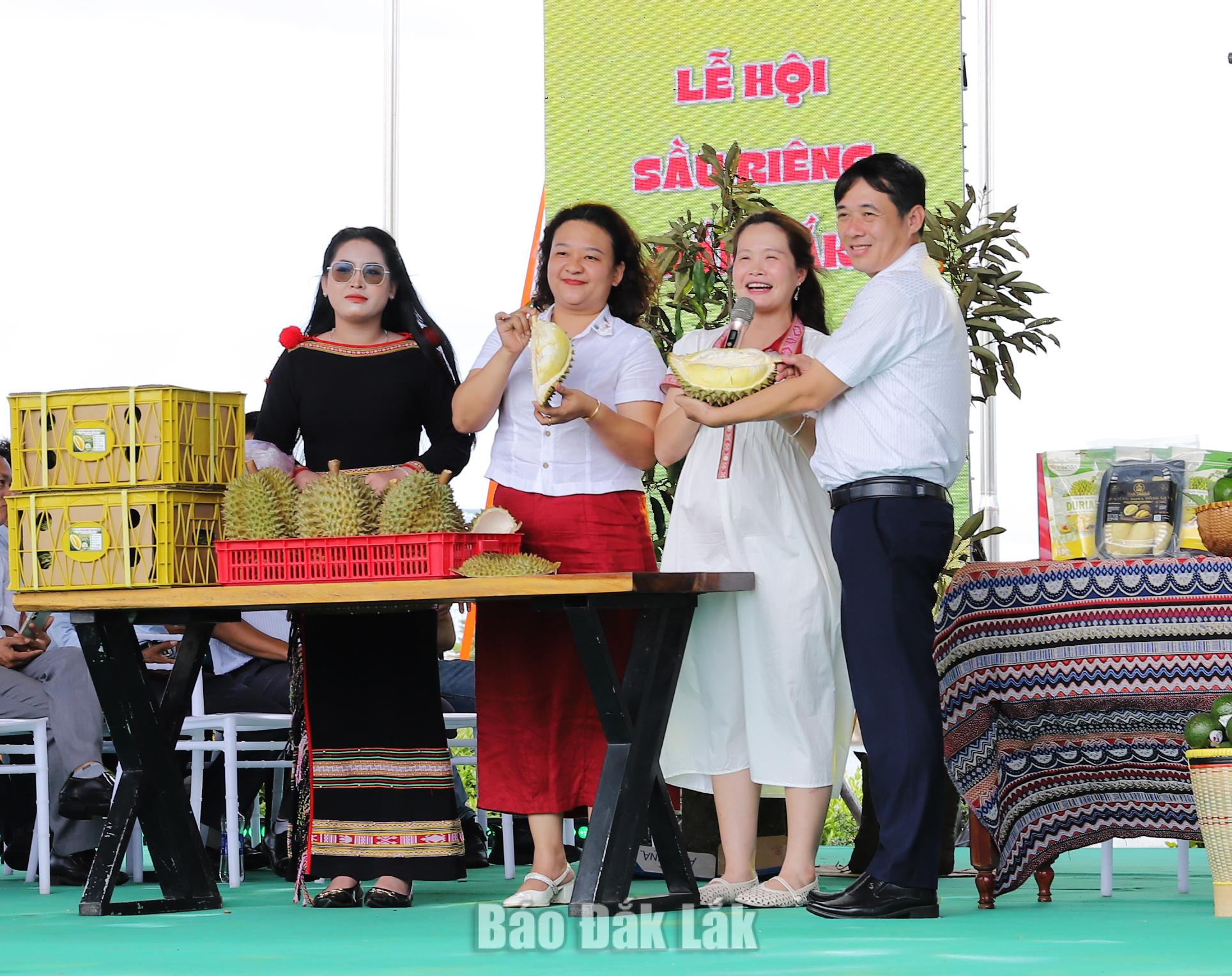 Chủ tịch UBND xã Krông Pắc Lê Đức Đại trực tiếp giới thiệu, hướng dẫn người dân cách nhận biết sầu riêng chất lượng cao.