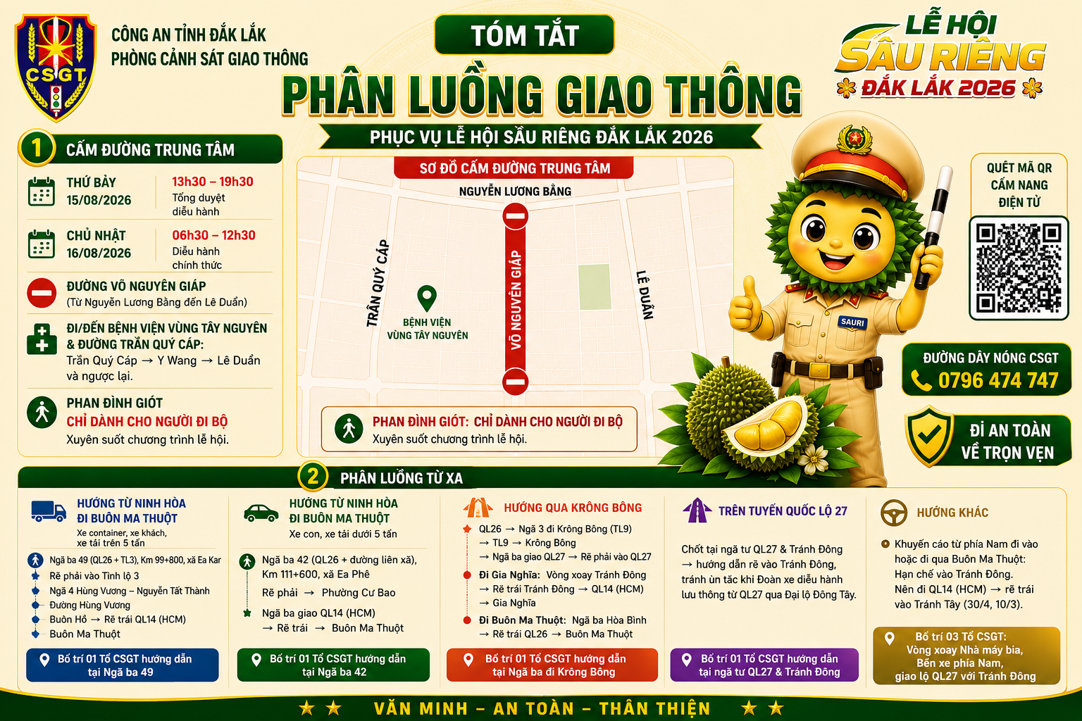 Bảng tóm tắt tạm cấm một số tuyến đường và phân luồng giao thông trong thời gian diễn ra Lễ hội Sầu riêng. (Ảnh: Phòng CSGT cung cấp).