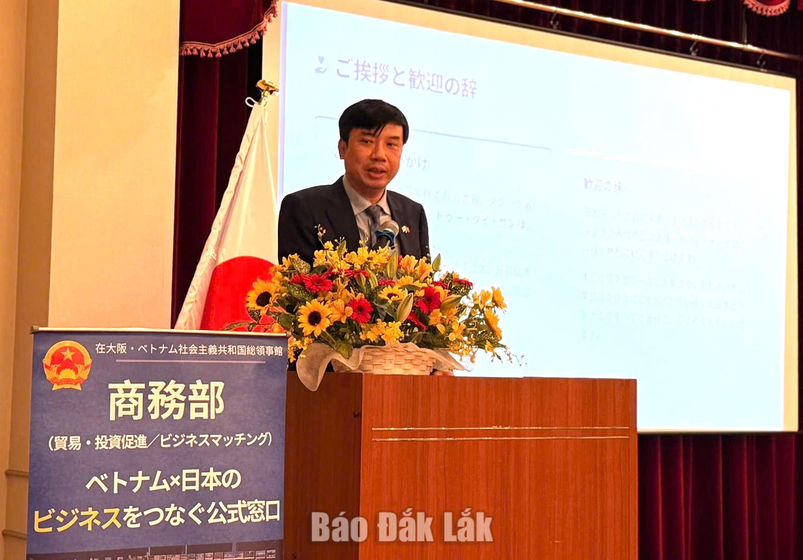 Kết nối doanh nghiệp tỉnh Đắk Lắk và Nhật Bản 3 Tổng Lãnh sự Việt Nam tại Osaka Nguyễn Trường Sơn phát biểu tại hội nghị. Ảnh: Đoàn công tác cung cấp