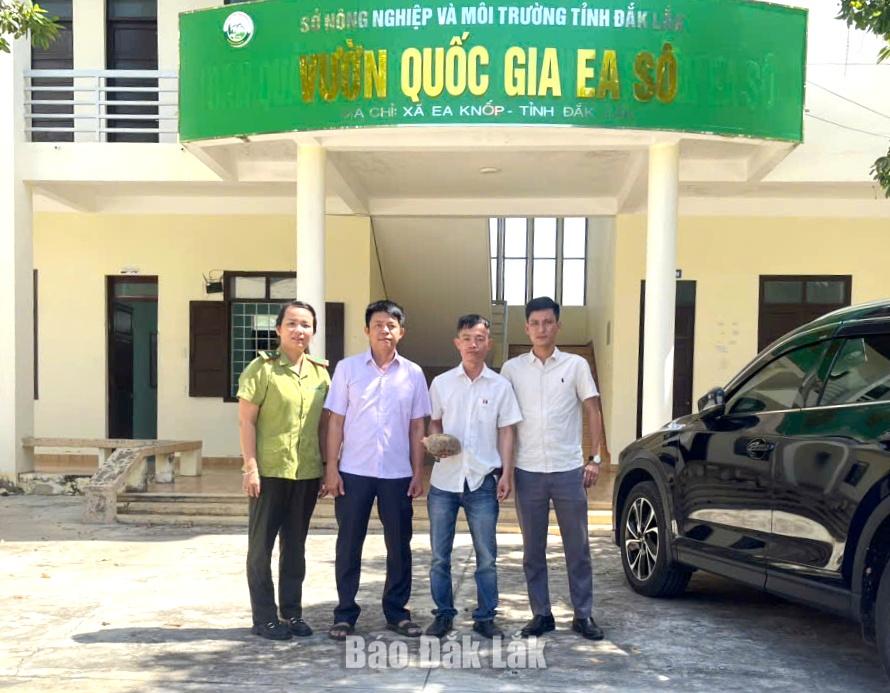 Đại diện các cơ quan, đơn vị xã Ea Knốp tiếp nhận cá thể rùa vàng do gia đình người dân bàn giao để thả về môi trường tự nhiên.